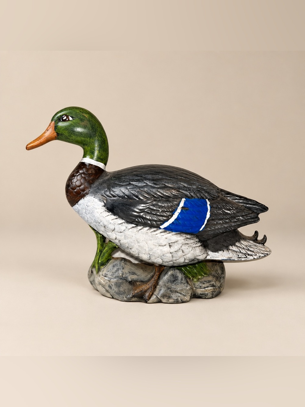 Ceramic Hand Painted Mallard Duck Standing on Rocks